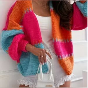 Colorblock open front short knit cardigan